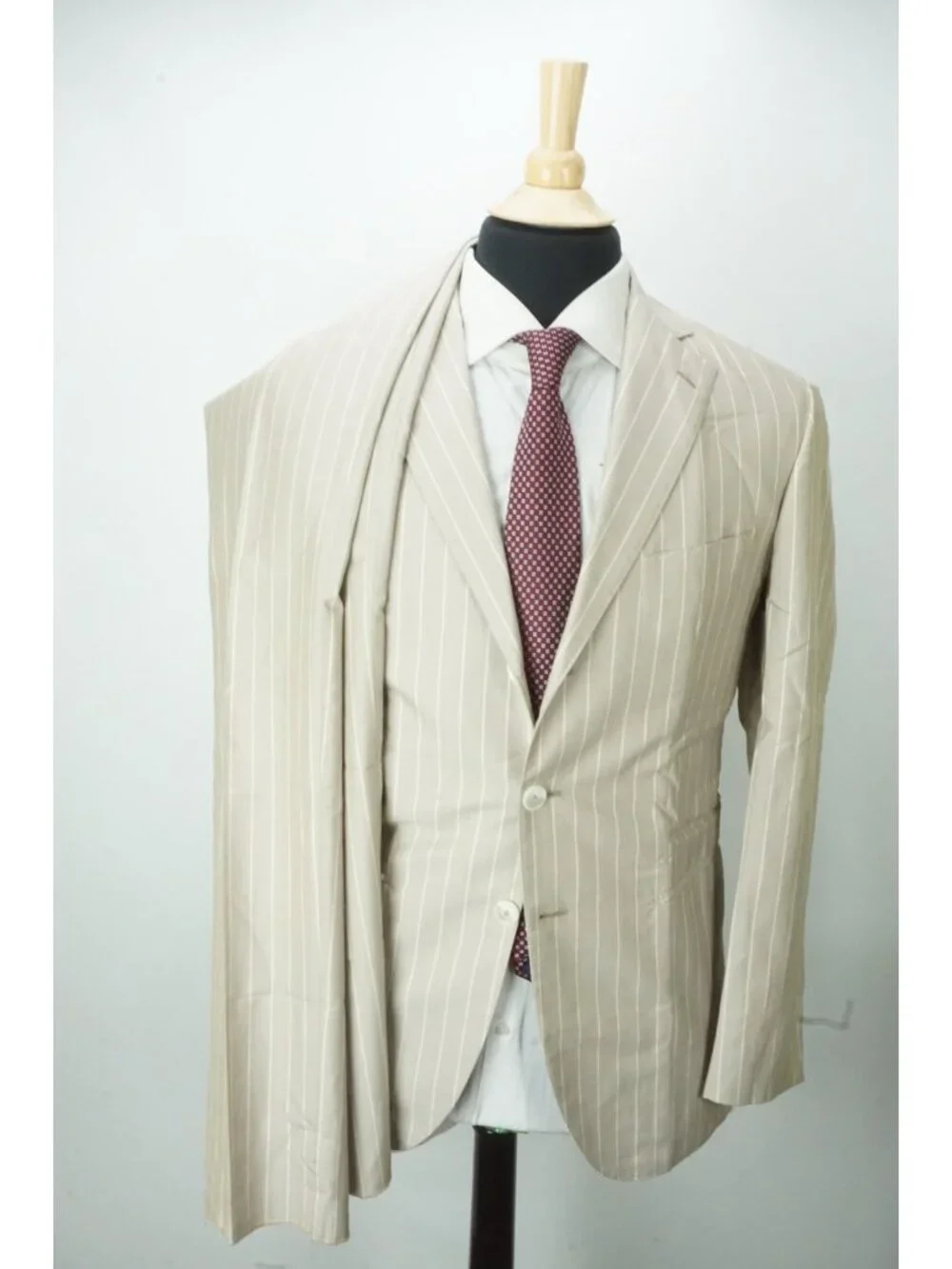 Patos Sartoria x Zegna Silk Skin Beige Striped 2 Pc Suit Jacket Pants 48 EU NEW